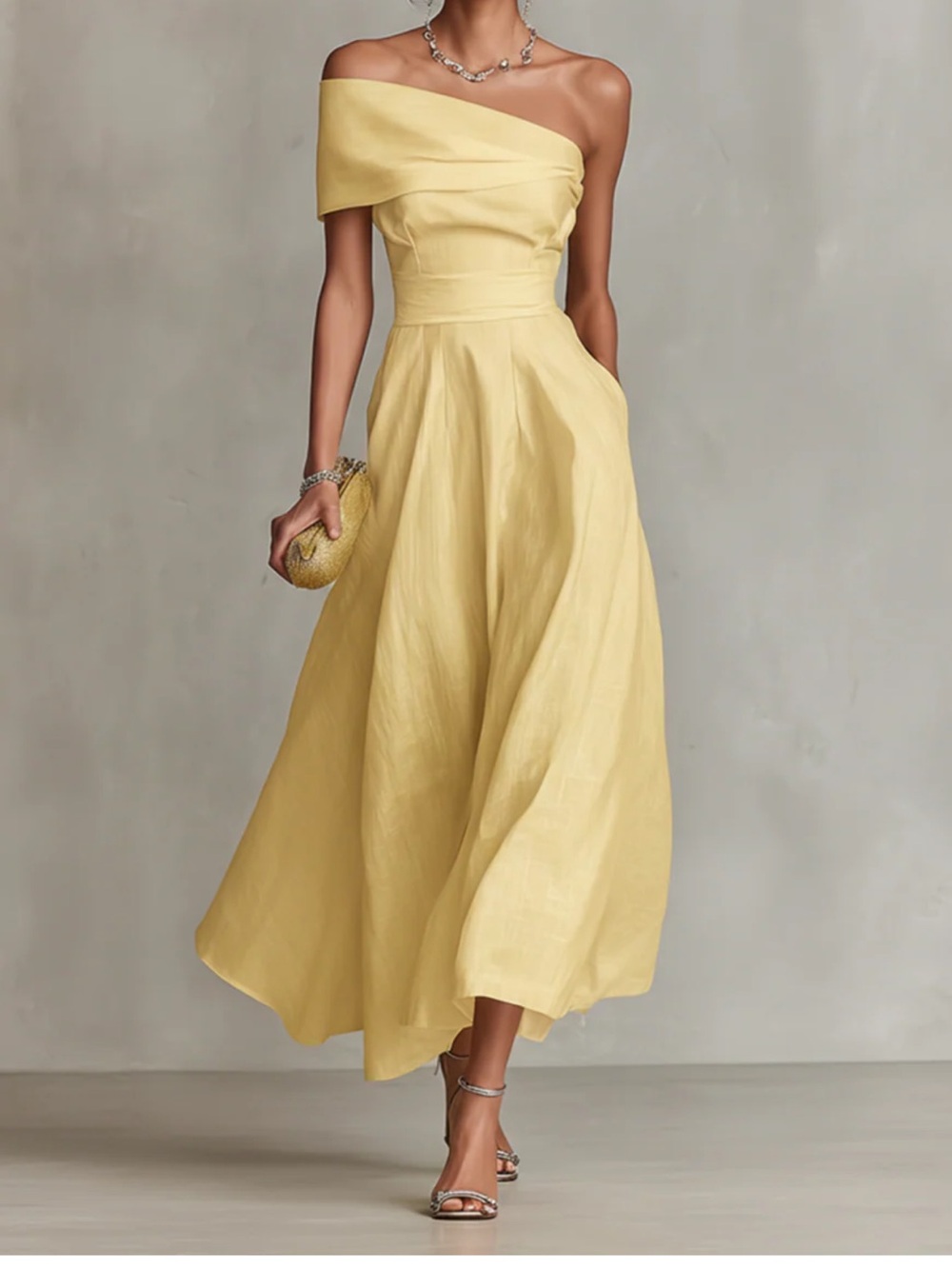 Sunlit One-Shoulder Yellow Midi Dress